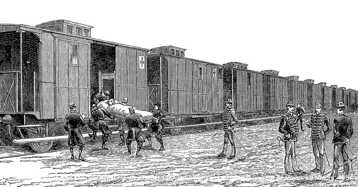 Embarquement d’un « blessé » dans le train sanitaire expérimenté en juillet 1887 entre Paris et Le Havre © gravure de Poyet, La Nature, 1887