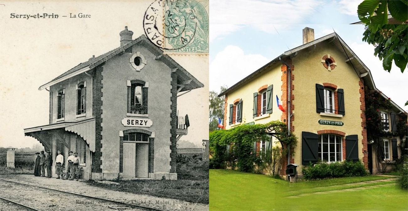 Un “avant-après” de la gare de Serzy-et-Prin sur la ligne du CBR, réalisé par Jean-Jacques Frémaux. Aujourd’hui, le bâtiment voyageurs est devenu un logement privé. Le transport de marchandises en gare de Pouillon.
