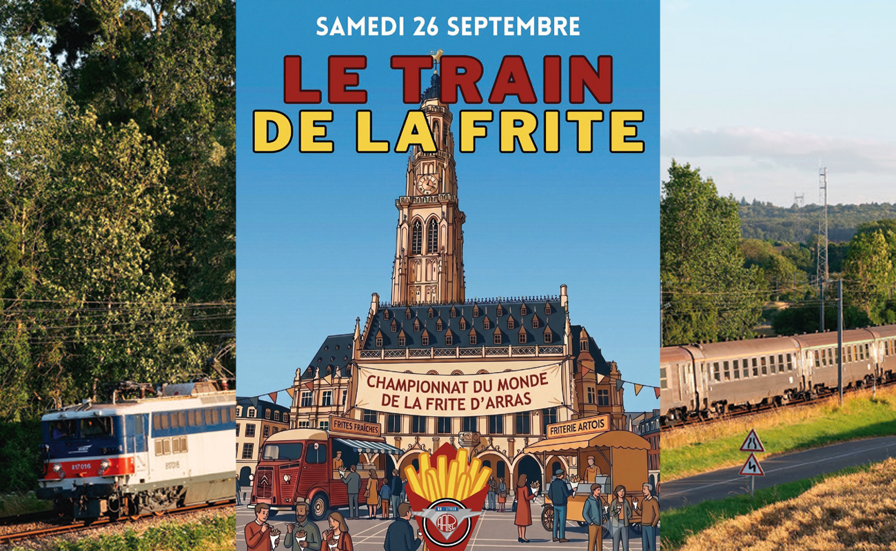 AAPSL. Après le Train des Bulles à Reims, le Train des Planches à Deauville, c'est l'heure du Train de la Frite dans le Ch'Nord 2 Affiche "le train de la frite - Le train historique de l’AAPSL lors d’un précédent voyage avec la BB 17016 en tête du convoi © © Olivier Vellay/AAPSL