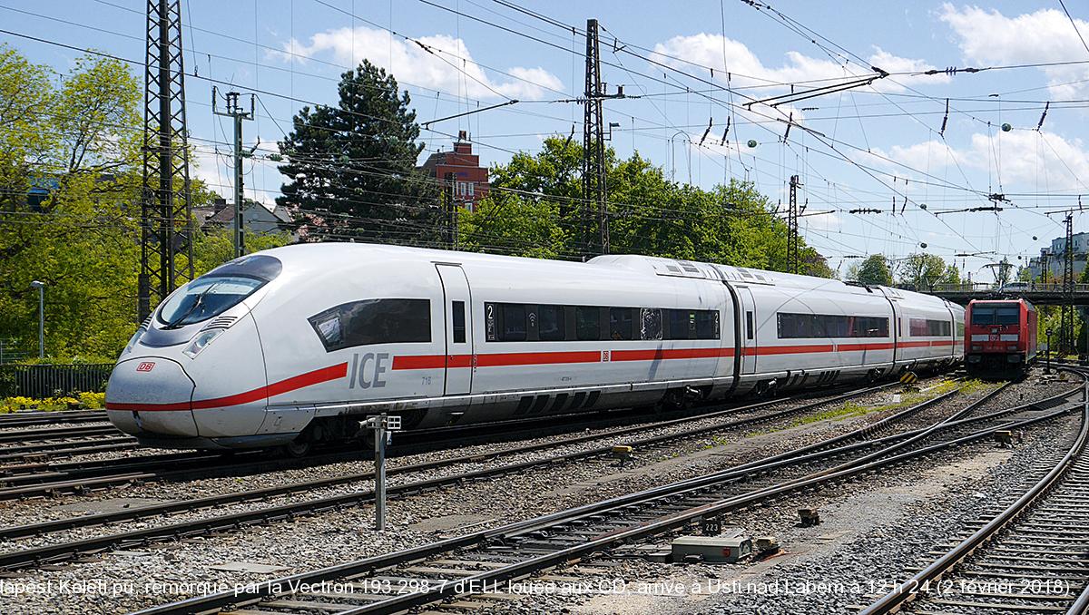 Le train EC 173 Hambourg Altona - Budapest Keleti pu, remorqué par la Vectron 193.298-7 d’ELL louée aux CD, arrive à Usti nad Labem à 12 h 24 (2 février 2018).
