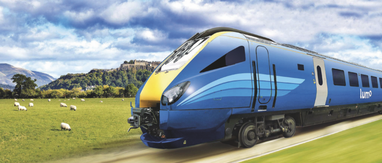 Vue d’artiste d’une automotrice diesel Class 222 rénovée en livrée Lumo (2 juin 2025). © Groupe First