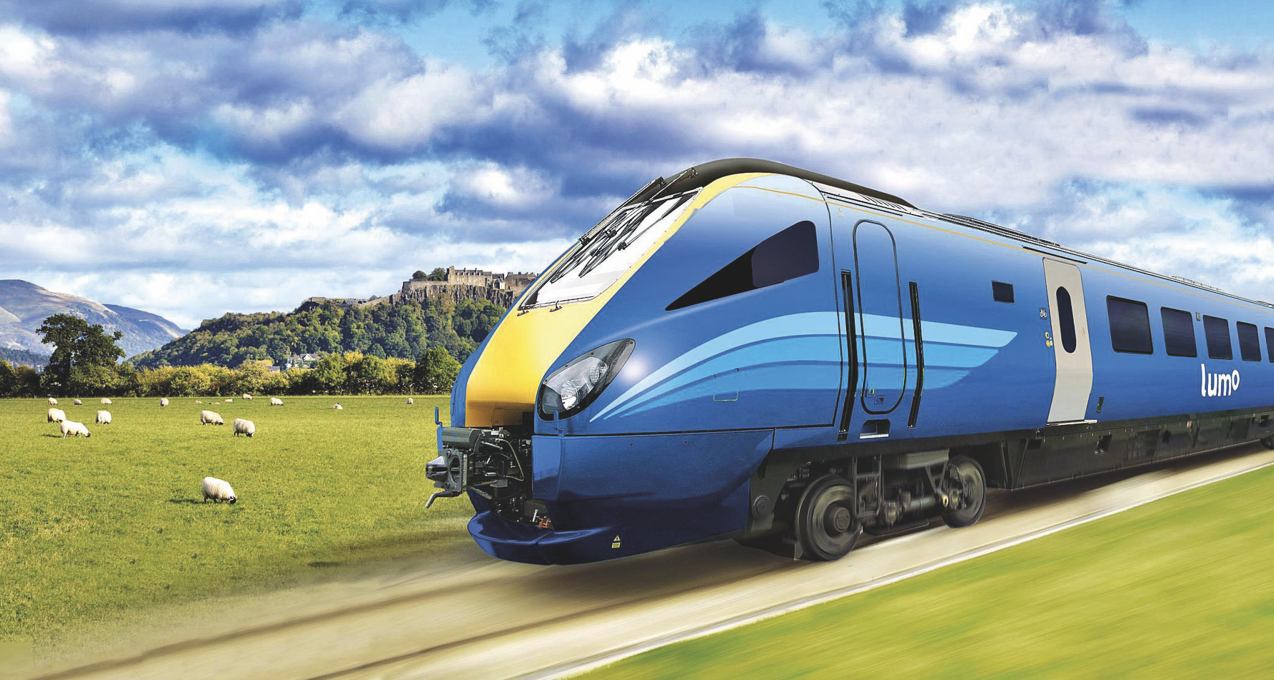 Vue d’artiste d’une automotrice diesel Class 222 rénovée en livrée Lumo (2 juin 2025). © Groupe First