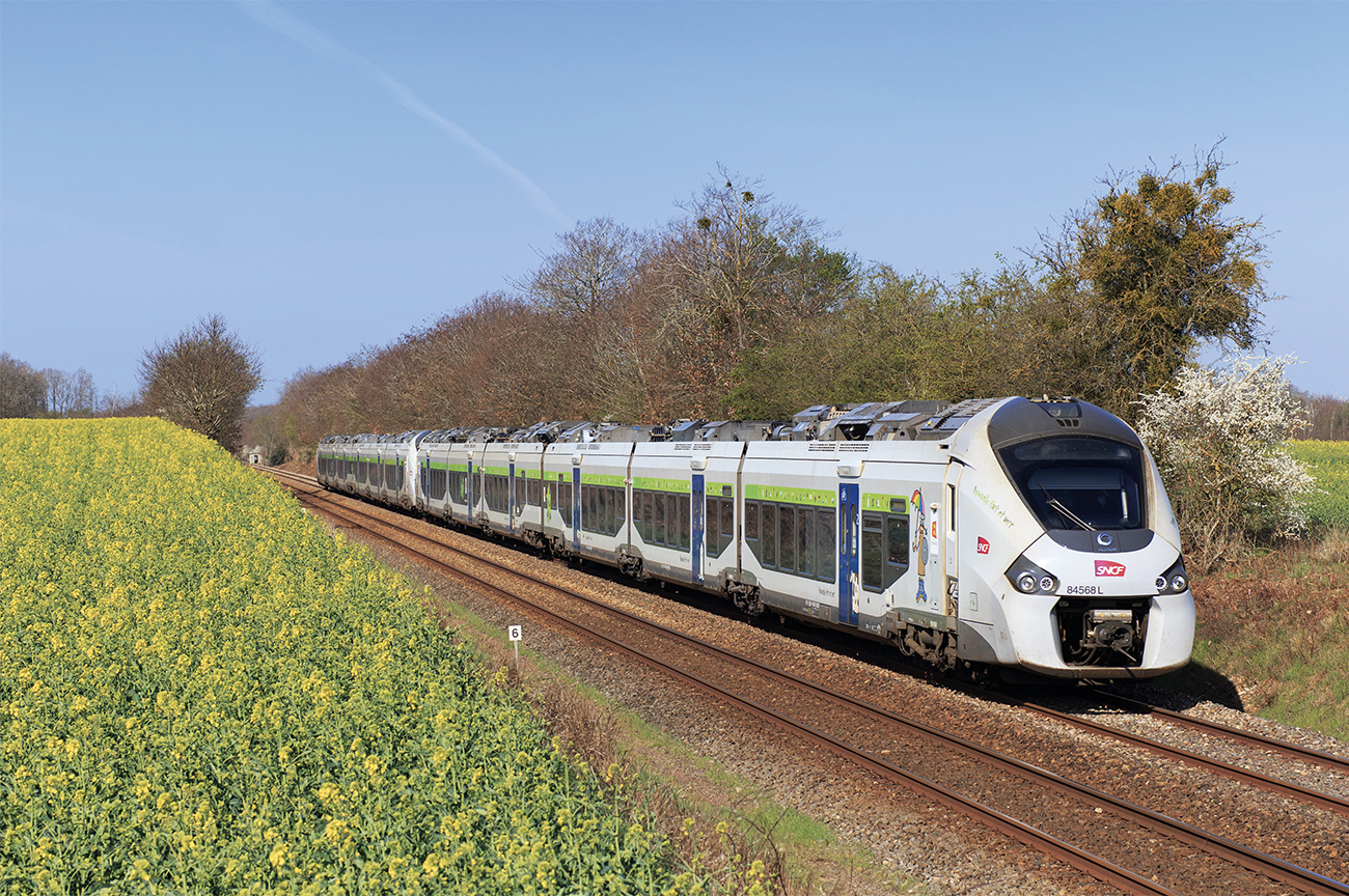 Les Régiolis B 84567/68 et 84583/84 en UM sont en charge du train 3420 Granville - Paris-Montparnasse, capturé lors de son passage à Godeneval le 4 avril 2021 (L. Battestini).