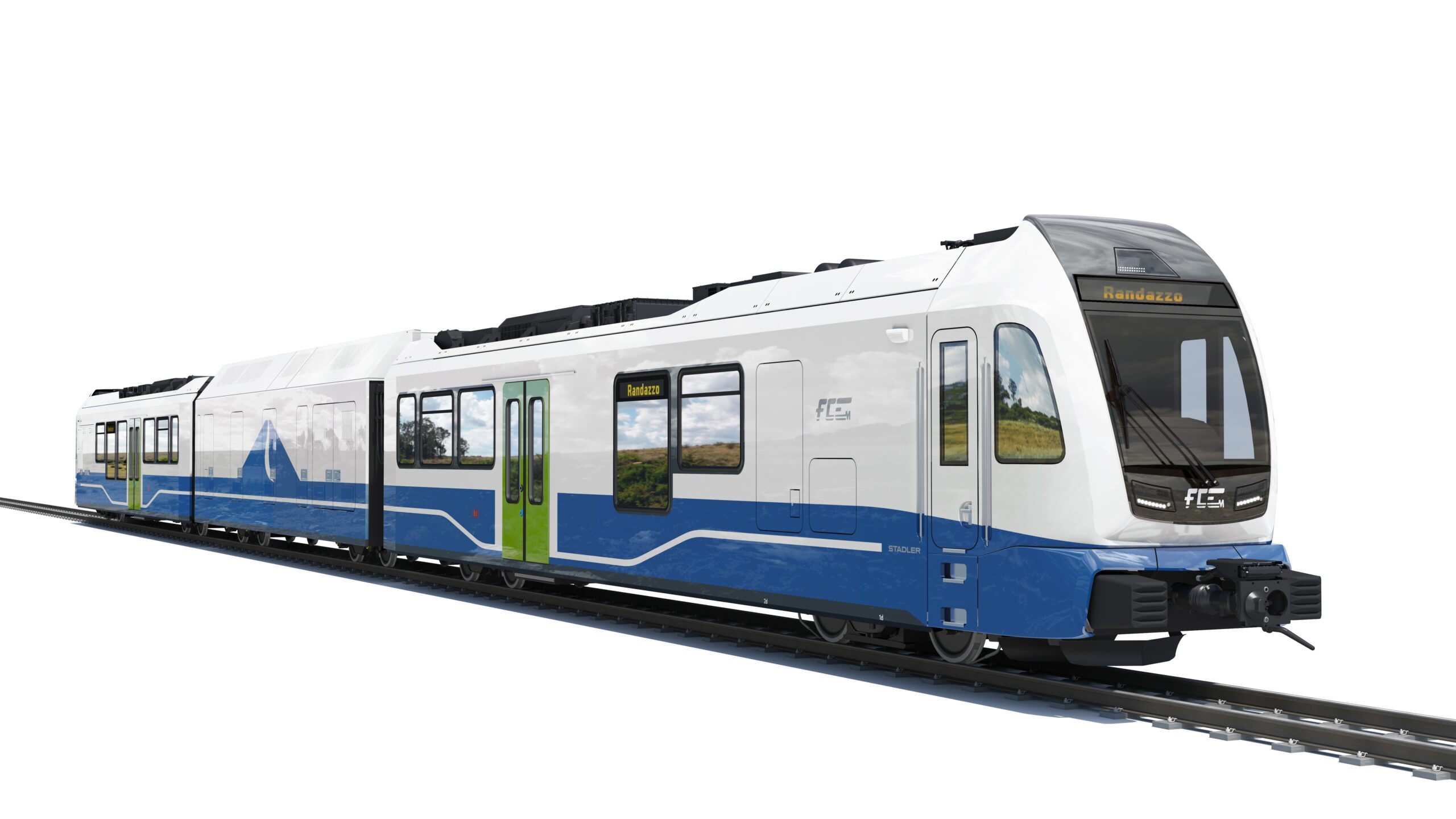 Impression d’artiste d’une future rame automotrice à hydrogène pour Ferrovia Circumetnea (9 octobre 2025)