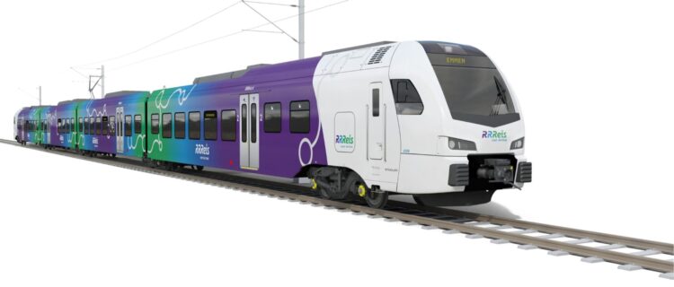 Impression d’artiste d’un futur Flirt d’Arriva Nederland en livrée RRReis (violet, bleu, blanc et vert) — 5 janvier 2026 Crédit photo : Stadler Rail