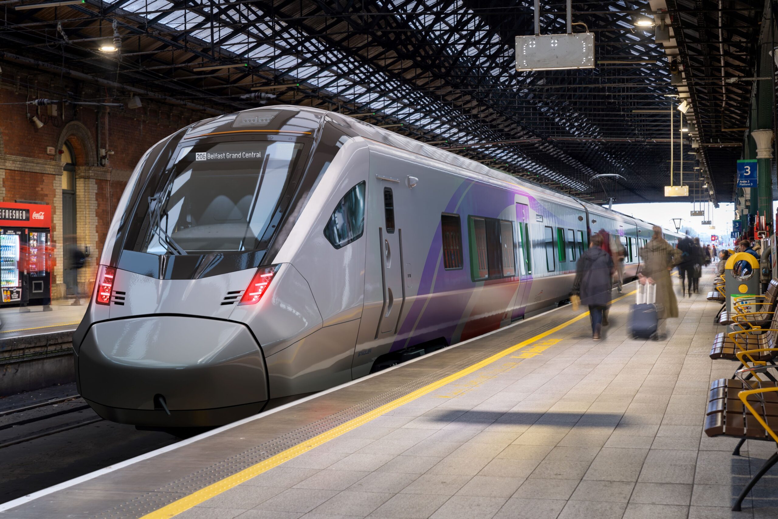 Irlande : Les huit Flirt pour la relation Enterprise commandés 2 Impression d’artiste d’un futur Flirt pour la relation Enterprise stationnant en gare de Dublin Connolly (7 mai 2026) Crédit photo : Stadler Rail