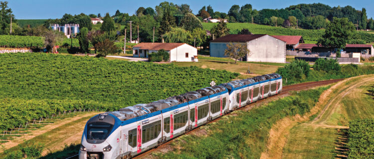 Concurrence : premier pas en Nouvelle-Aquitaine 2 20 rames Régiolis B 84500 quadricaisses seront dédiées au lot A, ici en UM à Ozillac, en Charente-Maritime, alors qu’elles assurent le train 864803 La Rochelle-Ville - Bordeaux-Saint-Jean (5 août 2024 ; P.-L. Espinasse).