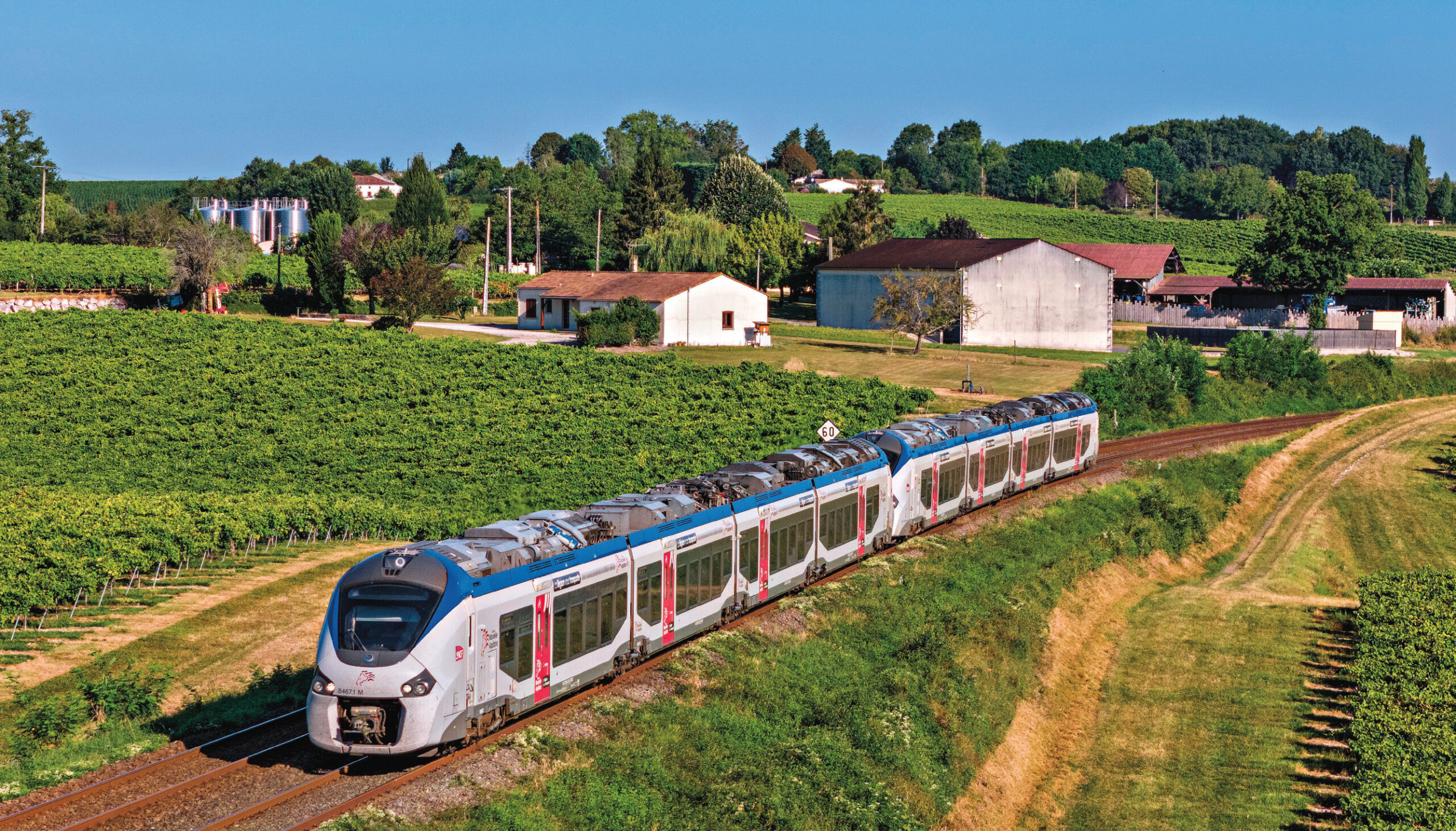 Concurrence : premier pas en Nouvelle-Aquitaine 1 20 rames Régiolis B 84500 quadricaisses seront dédiées au lot A, ici en UM à Ozillac, en Charente-Maritime, alors qu’elles assurent le train 864803 La Rochelle-Ville - Bordeaux-Saint-Jean (5 août 2024 ; P.-L. Espinasse).