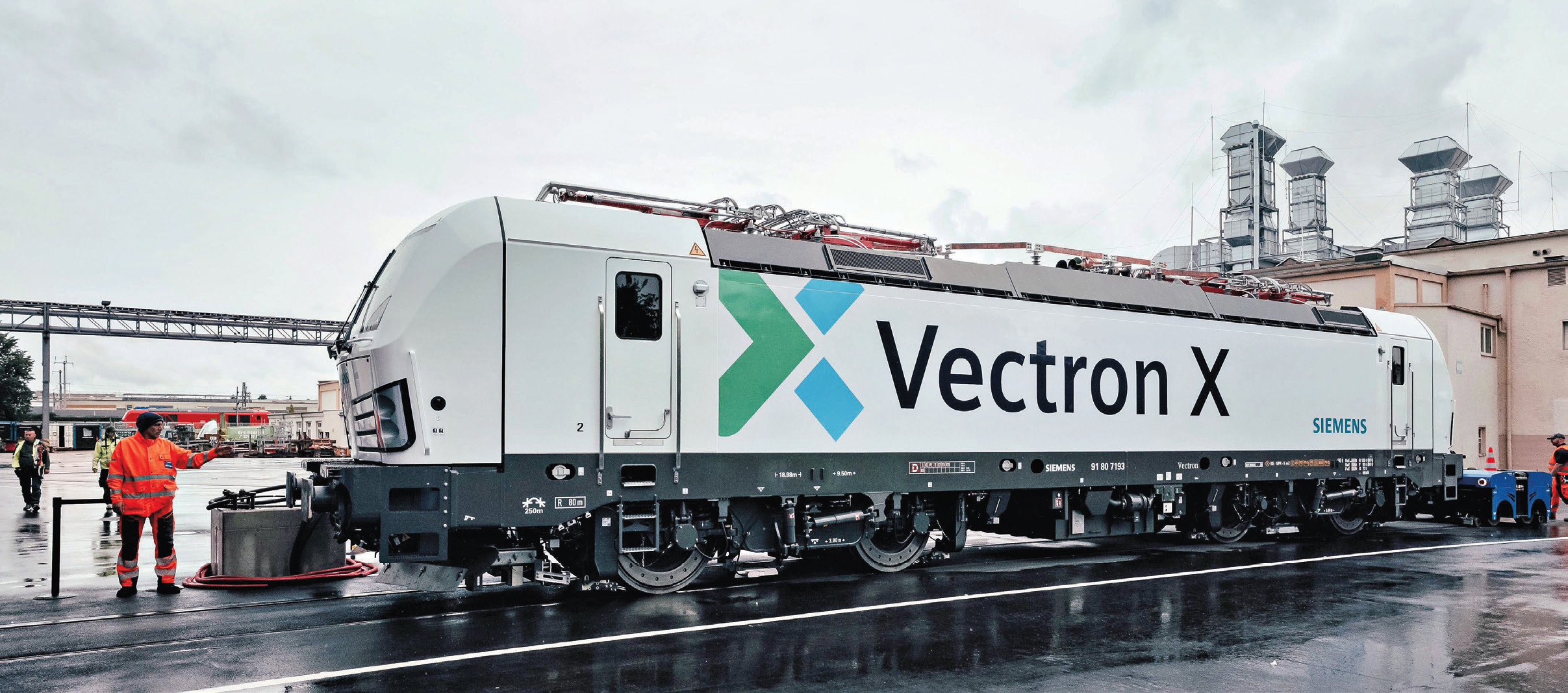 Siemens présente sa Vectron X 1 Une Vectron X pas encore numérotée sur le site de Siemens Mobility à Munich-Allach (10 juin 2026)