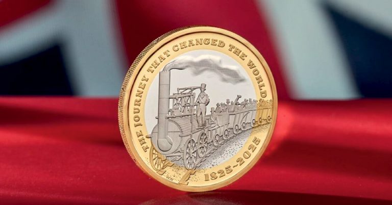 Grande-Bretagne. Edition d’une pièce commémorative pour les 200 ans du chemin de fer 1 pièce commémorative pour les 200 ans du chemin de fer