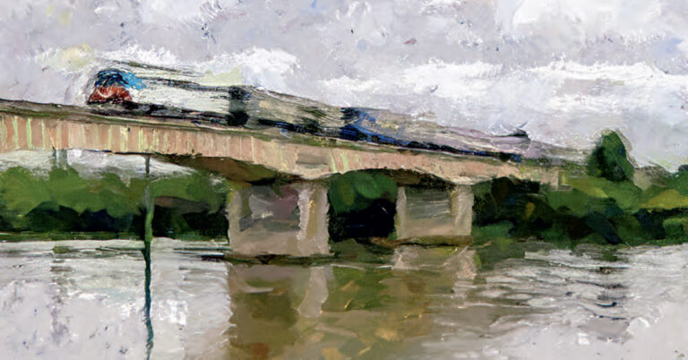 Tourisme. Le 25 mai, un voyage haut en couleur avec le Train des Impressionnistes 4 Vue d’artiste illustrant le franchissement de l’Oise par le train historique de l’Amicale des Agents de Paris Saint-Lazare