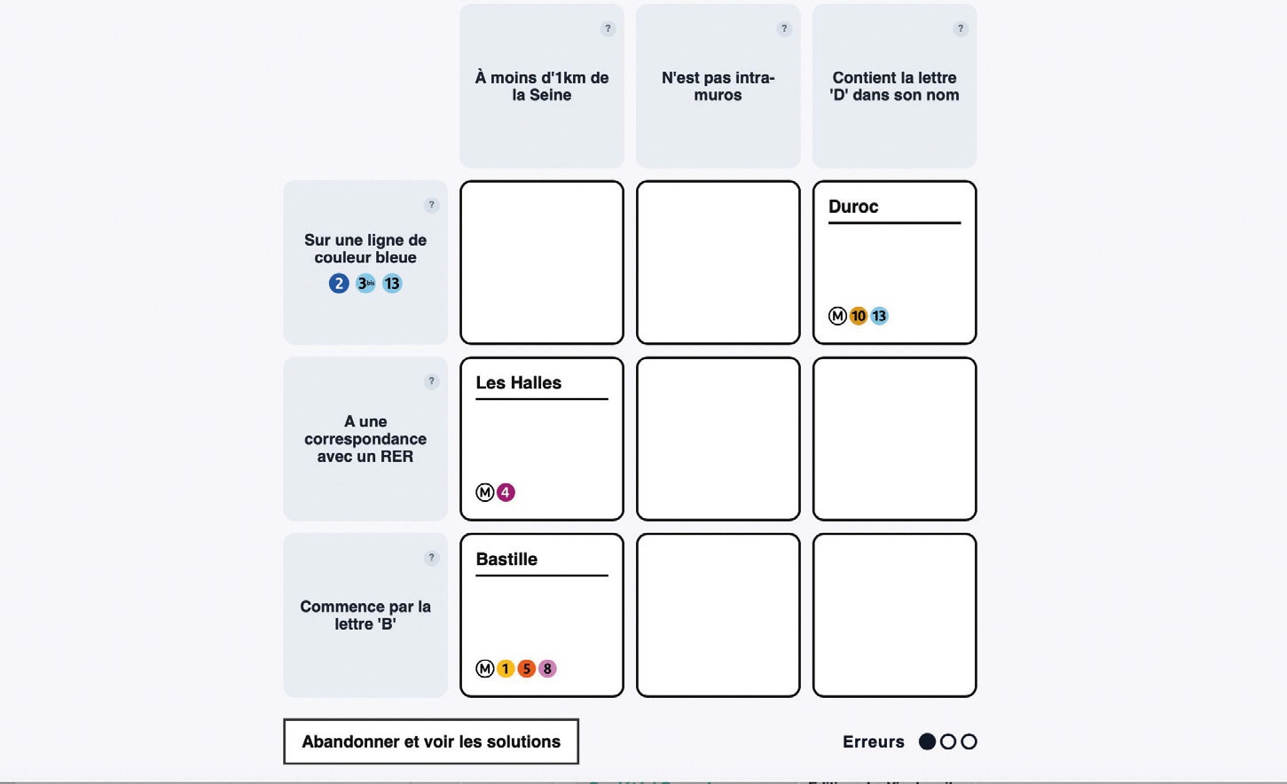 Défi. Métrodoku : le sudoku des stations de métro parisien 1 Une grille de Metrodoku.