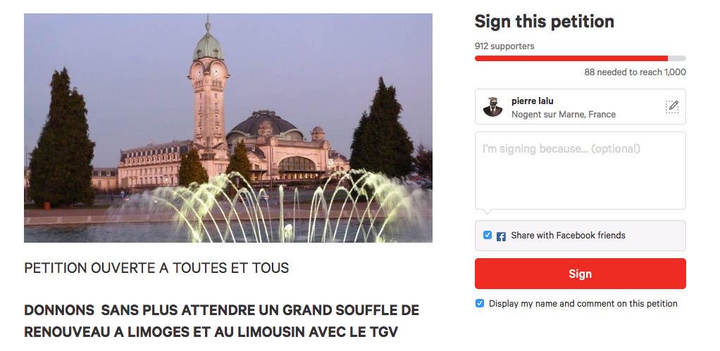 change.org prend le TGV 4 Petition ligne paris limoges