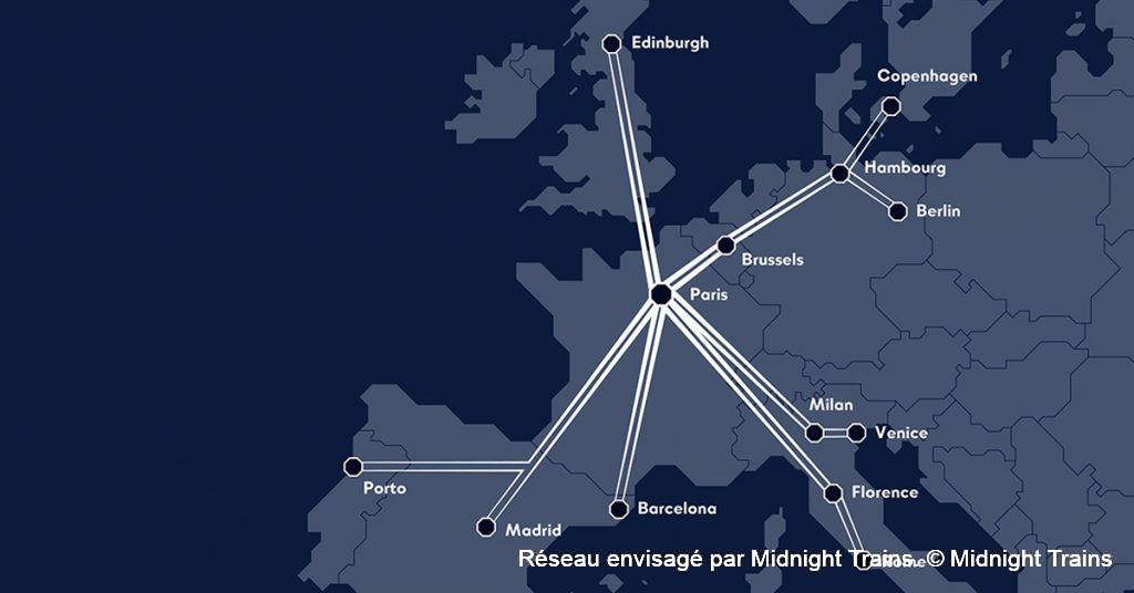 Midnight Trains, la “première start-up ferroviaire française” ciblera les trains de nuit 1 Réseau envisagé par Midnight Trains. © Midnight Trains