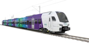 Impression d’artiste d’un futur Flirt d’Arriva Nederland en livrée RRReis (violet, bleu, blanc et vert) — 5 janvier 2026 Crédit photo : Stadler Rail