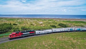 Mexique : la renaissance des trains de voyageurs 15 Le train hôpital « Dr Vagón » composé de 17 voitures, qui appartient à la Fundación Grupo México et offrant des soins médicaux gratuits aux communautés défavorisées du Mexique, est aperçu sur la ligne de desserte du port de Vera Cruz avec en tête la locomotive diesel SD40-2 3209 de Ferromex (17 août 2016 ; Wikipédia/DLunaSeg).