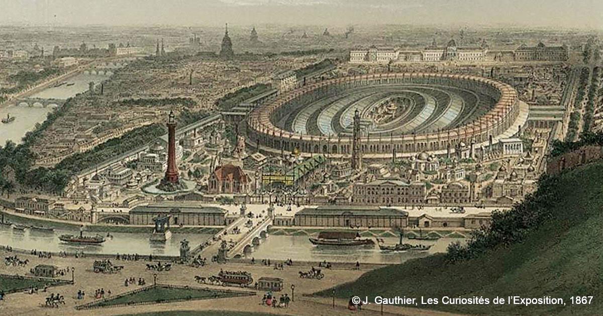 Exposition universelle du Champ-de-Mars 1867. De la Ceinture à la galerie des machines, un réseau ferré éphémère dessert l’Exposition 1 © J. Gauthier, Les Curiosités de l’Exposition, 1867